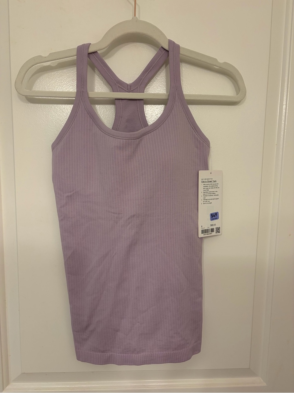 NWT: $68 LULULEMON Ebb to Street Tank, Size 6, Lilac Play (Lavender)